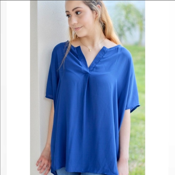 Tops - Royal Blue Short Sleeve V Neck Blouse Top